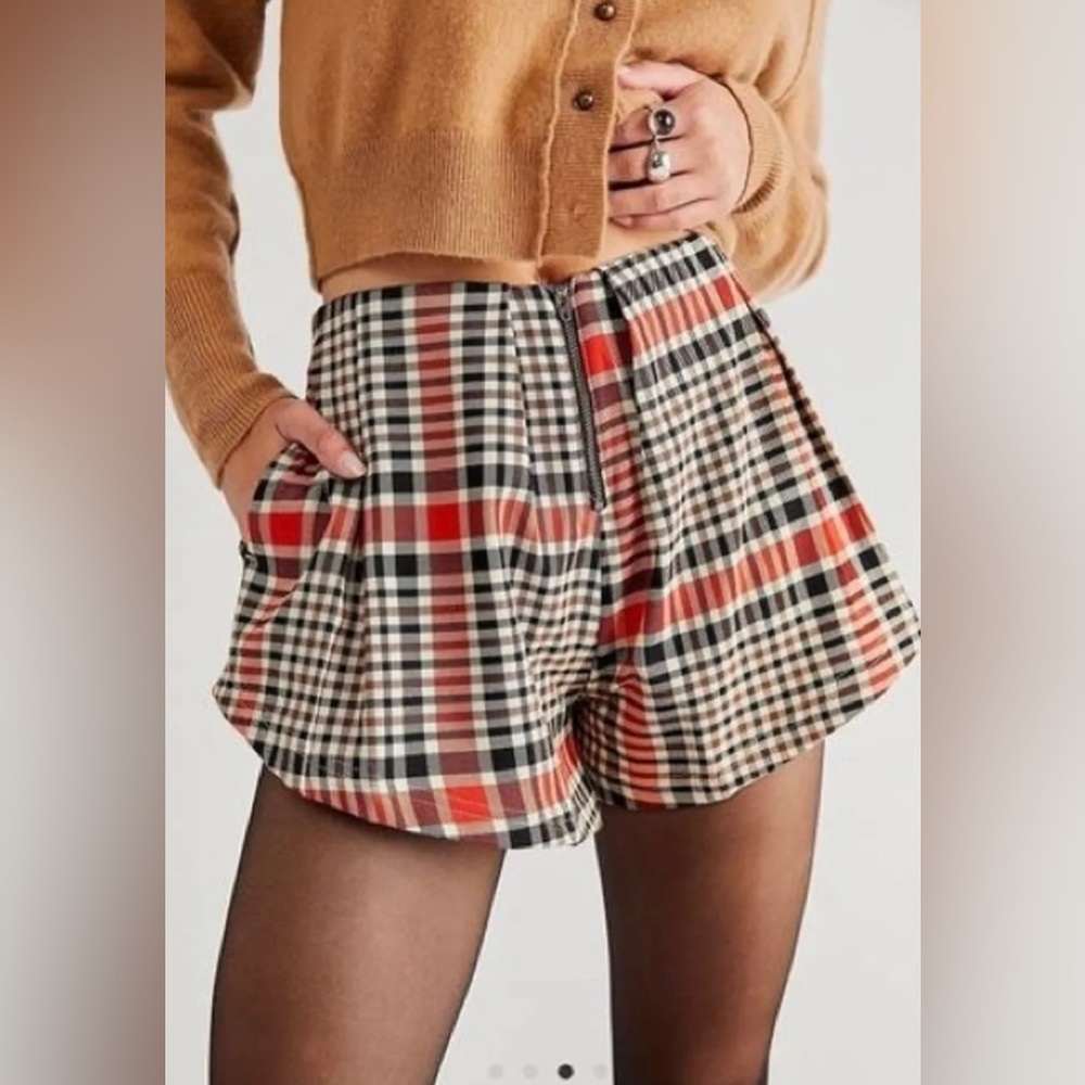 Free People Mayfair Pleated Plaid Shorts Rusty Combo